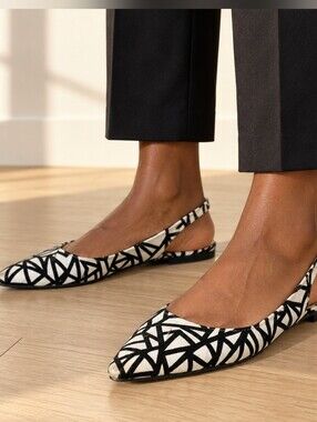 JustFab Rosalie Black & White Abstract Slingback Flats 7.5